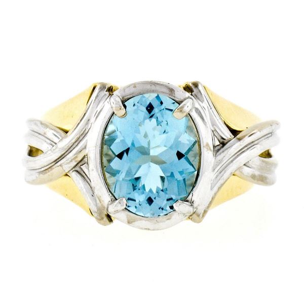 Estate 14k Two Tone Gold 2.10 ctw Oval Aquamarine Grooved Cocktail Ring
