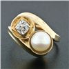 Image 2 : Antique 14k Gold 7.2mm Pearl.58 ctw Old Mine Cushion Diamond Bypass Cocktail Rin