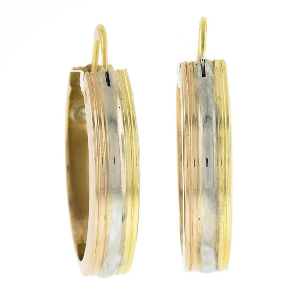 Classic Solid 18K Tri Color Gold 26.1mm Polished Grooved Oval Hoop Drop Earrings