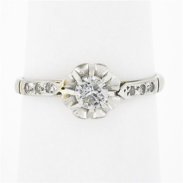 Antique Edwardian French 18k White Gold & Platinum Round Diamond Engagement Ring