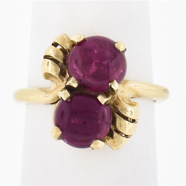 Vintage 14k Gold 3.50 ctw Round Cabochon Purple Pink Tourmaline Open Work Bow Ri