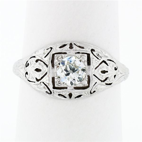 Antique Art Deco 18k Gold Dome Filigree Engraved 0.52 ctw European Diamond Ring