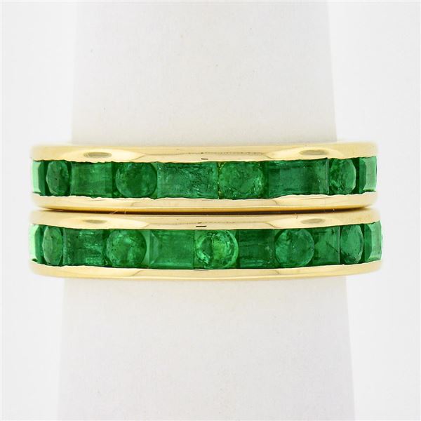 Pair of 18k Gold 4.60 ctw Channel Set GIA Emerald Eternity Stack Band Guard Ring