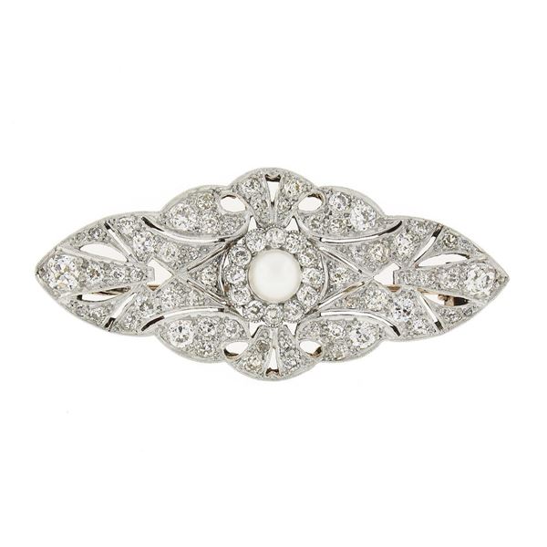 Antique Edwardian 18k & Platinum Pearl 3.6 ctw Old Cut Diamond Milgrain Pin Broo