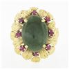 Image 4 : Vintage 14k Gold Oval Cabochon Jade Solitaire w/ Ruby Textured Flower Halo Ring