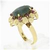 Image 8 : Vintage 14k Gold Oval Cabochon Jade Solitaire w/ Ruby Textured Flower Halo Ring