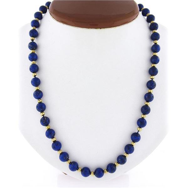 Vintage 25" Long Round Blue Lapis Bead Strand Necklace w/ 14k Gold Balls & Clasp