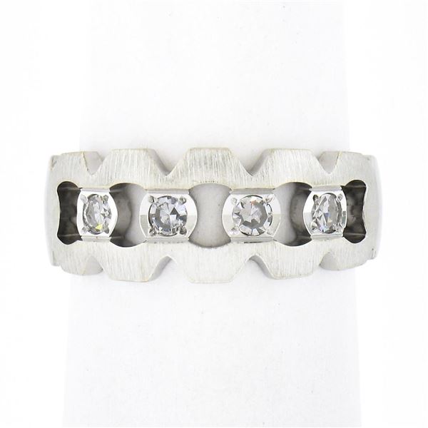 Vintage 14K White Gold Diamond Illusion Open Work Matte Finish Wide Band Ring