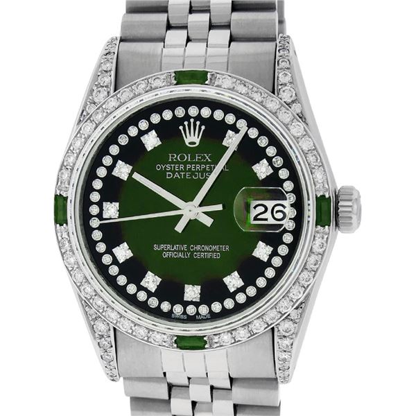 Rolex Mens Stainless Steel Diamond Lugs Green Vignette And Emerald Datejust 36MM