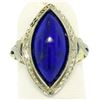 Image 3 : Antique Art Deco 10k White Yellow Gold Bezel Marquise Cabochon Lapis Lazuli Ring
