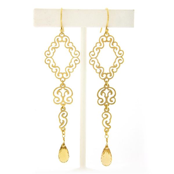 14K Gold Polished Flat Open Work w/ Briolette Citrine Long Drop Dangle Earrings