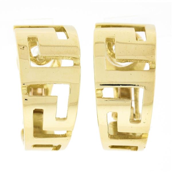 Solid 18K Yellow Gold Polished Graduating Greek Key Open Work Cuff Earrings