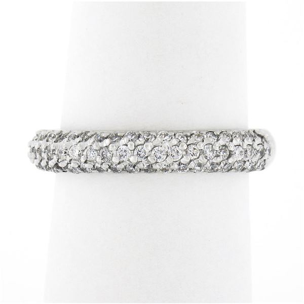 14K White Gold 0.60 ctw Round Pave Diamond 3 Row Domed Stack Wedding Band Ring