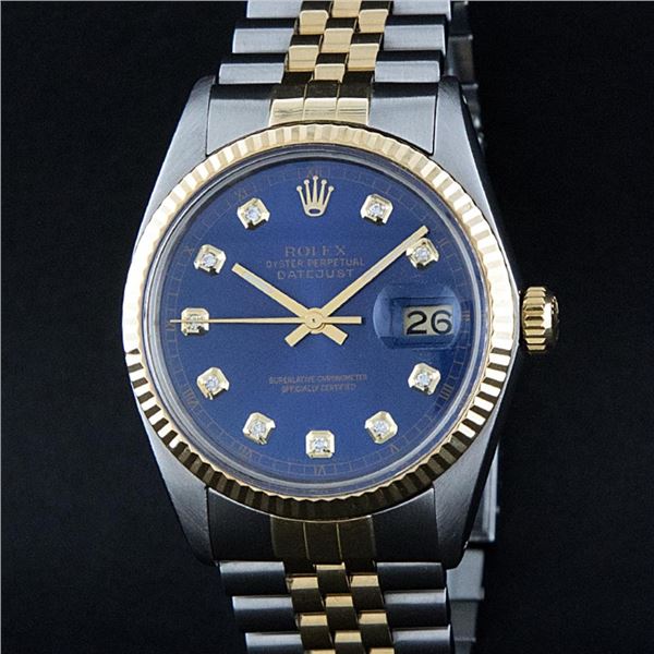 Rolex Mens Two Tone Blue Diamond Dial Datejust Wriswatch 36MM