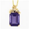Image 2 : 14k Yellow Gold Large Emerald Cut Amethyst w/ Diamond Bow Ribbon Pendant & Chain