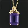 Image 3 : 14k Yellow Gold Large Emerald Cut Amethyst w/ Diamond Bow Ribbon Pendant & Chain