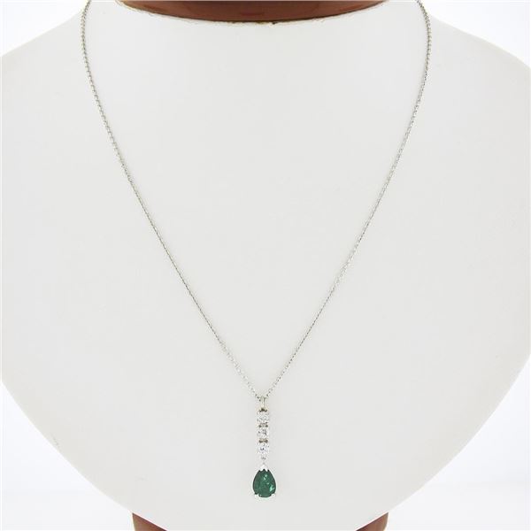 14K White Gold Pear Emerald & Round Diamond Tear Drop Dangle Pendant w/ Chain
