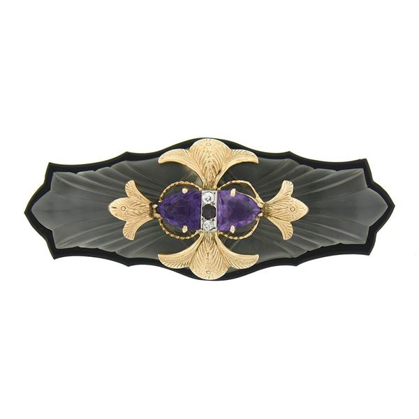 Antique 18k Gold Amethyst & Diamond Carved Camphor Glass Black Onyx Pin Brooch