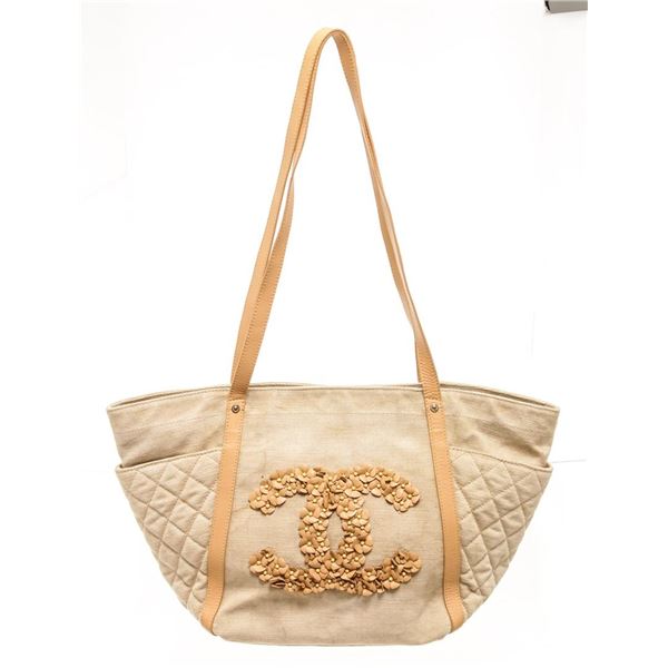 Chanel Beige Canvas CC Camelia Shoulder Bag