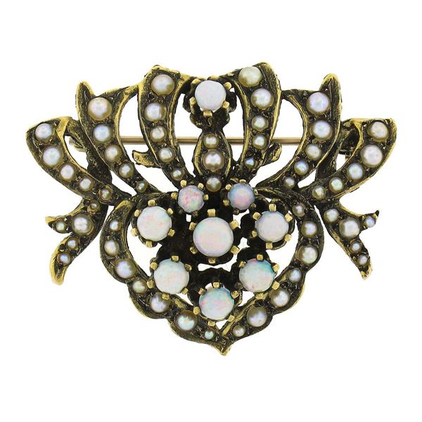 Vintage Victorian Revival 14K Yellow Gold Cabochon Opal Seed Pearl Brooch Pin