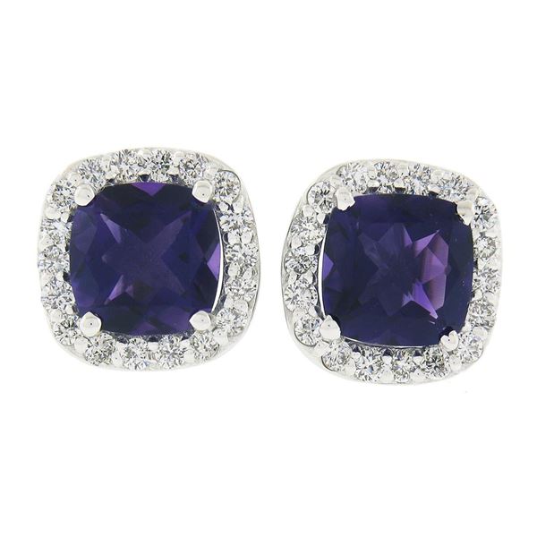 18K White Gold 2.93 ctw Cushion Royal Purple Amethyst & Diamond Halo Stud Earrin