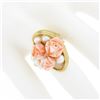 Image 3 : Vintage 14K Gold Carved Angel Skin Coral Pearl Rose Flower Bouquet Cocktail Ring