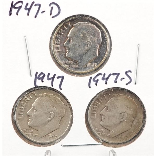 (3) Silver Roosevelt Dimes 1947-D, 1947, and 1947-S