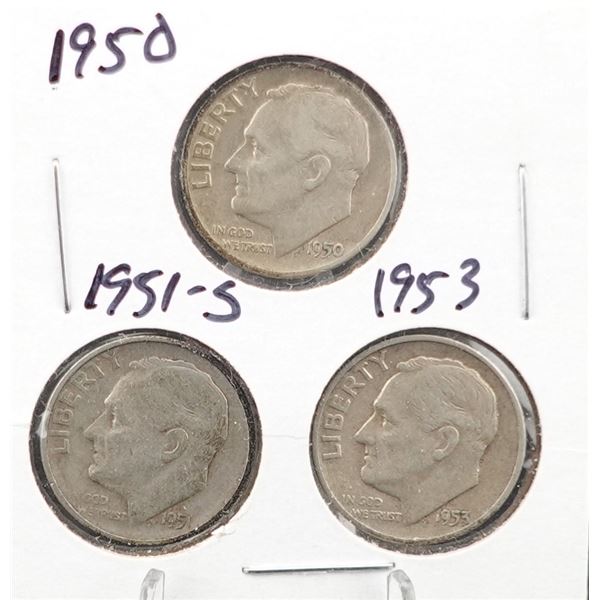 (3) Silver Roosevelt Dimes 1950, 1951-S, and 1953