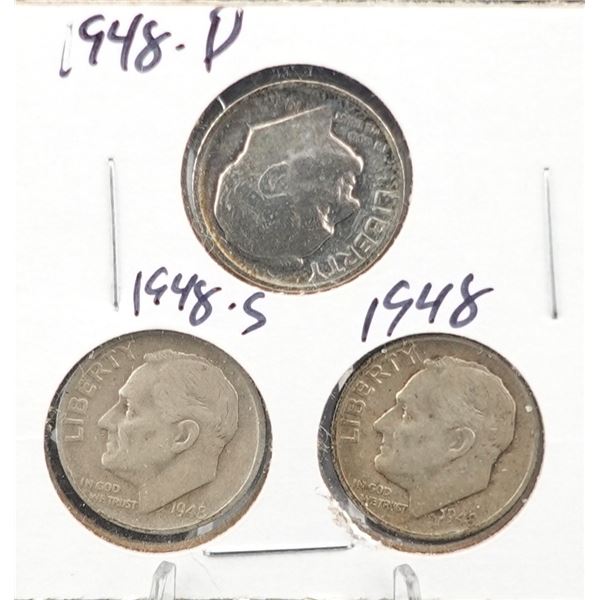 (3) Silver Roosevelt Dimes 1948-D, 1948-S and 1948