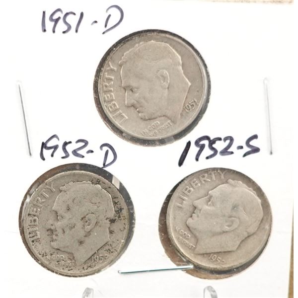 (3) Silver Roosevelt Dimes 1951-D, 1952-D, and 1952-S