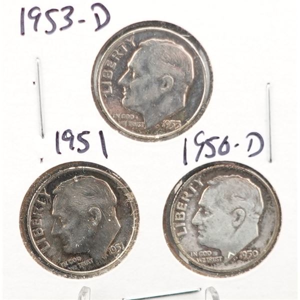(3) Silver Roosevelt Dimes 1953-D, 1951, and 1950-D