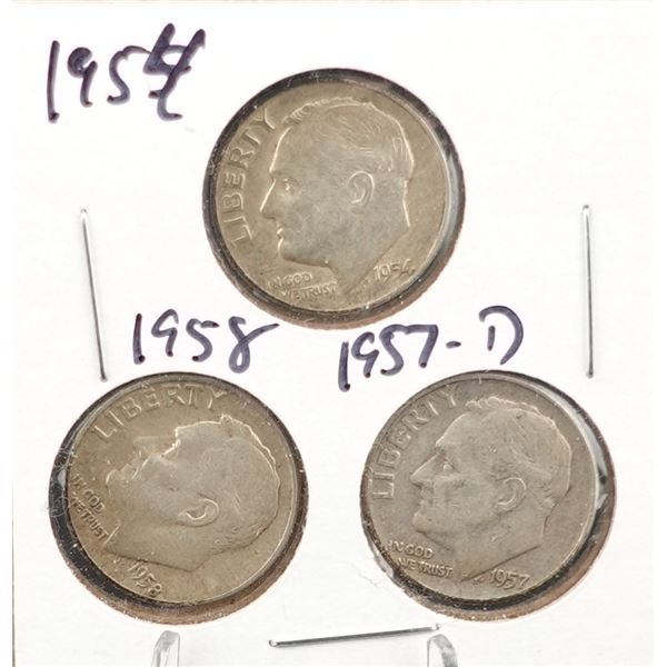 (3) Silver Roosevelt Dimes 1954, 1958, and 1957-D