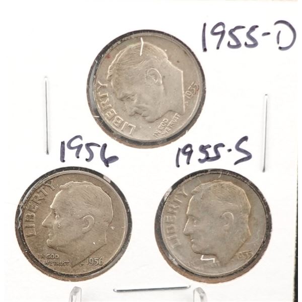 (3) Silver Roosevelt Dimes 1955-D, 1956, and 1955-S
