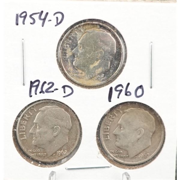 (3) Silver Roosevelt Dimes 1954-D, 1952-D, and 1960