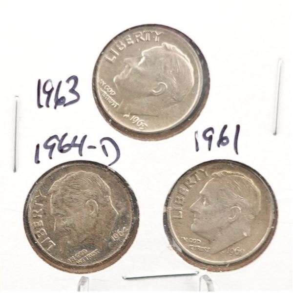 (3) Silver Roosevelt Dimes 1963, 1964-D, and 1961