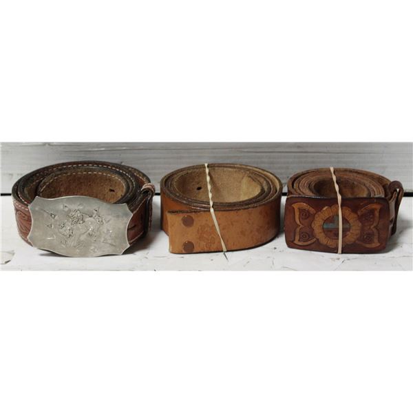 3 ADULT LEATHER VINTAGE BELTS & WESTERN BUCKLE