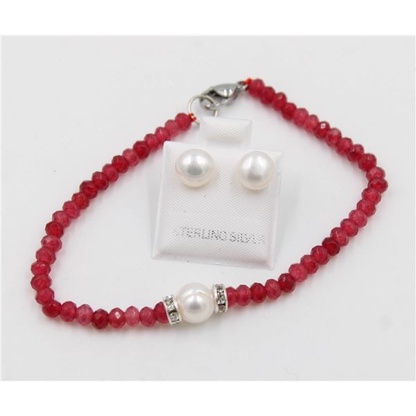 #136-NATURAL RED JADE , PEARL BRACELET &  EARRINGS