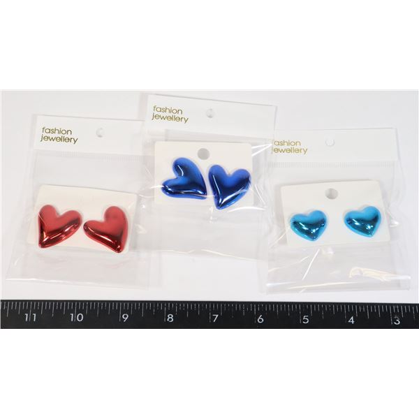 3 NEW PAIRS TURQUOISE, RED AND BLUE OF HEART