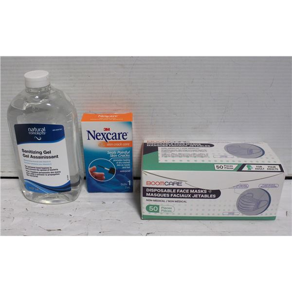 NEW 3 PLY FACEMASKS,1 L SANITIZER GEL,3M