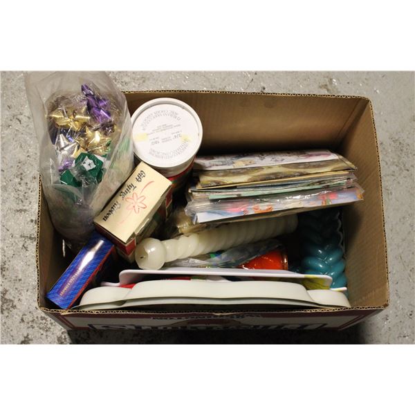 BOX OF VARIOUS HOLIDAY SUPPLIES INCLUDING RIBBONS,