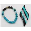 Image 1 : BLUE STRIPED AGATE BRACELET BLACK & TEAL LUCITE
