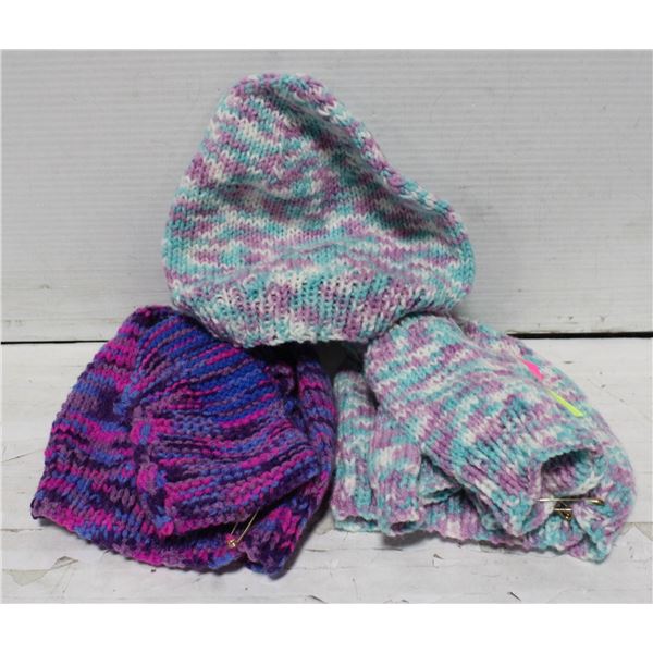 2 SETS OF HAND MADE  - 3 TOUQUES WITH SLIPPERS