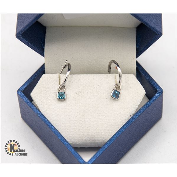 14CT WHITE GOLD, BLUE-GREEN DIAMOND EARRINGS WITH