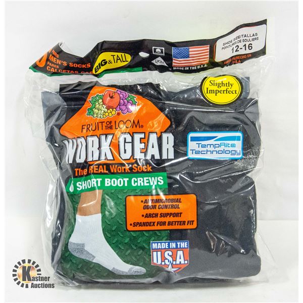 SHORT BLACK BOOT CREW SOCKS 12-16 SIZE 6-PACK