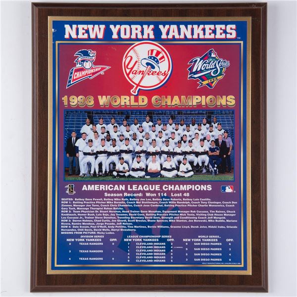 1998 NY Yankees Championship Picture Plaque