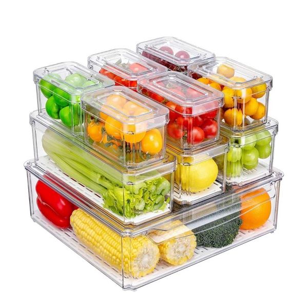 Pure Future 10 Pack Fridge Organizers and Storage, Stackable Bins with Lid, BPA-Free Fruit Container