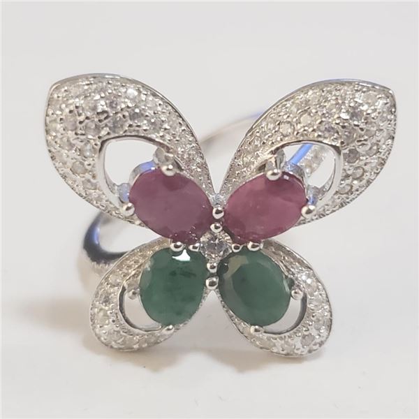 Silver Ruby Emerald Ring (~Size 6)(Ring is resizable for $40) (~length 0 inches) (~weight 4.36g), Su
