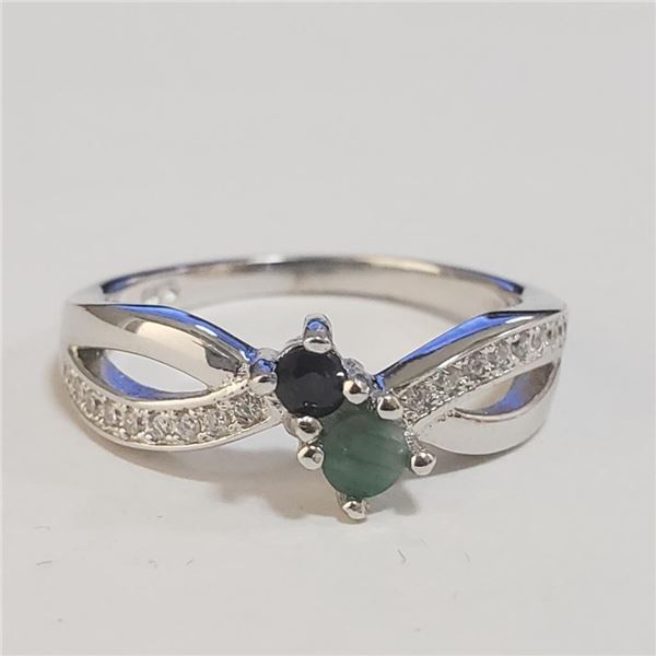 Silver Emerald Sapphire Ring (~Size 7)(Ring is resizable for $40) (~length 0 inches) (~weight 3.12g)