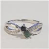 Image 1 : Silver Emerald Sapphire Ring (~Size 7)(Ring is resizable for $40) (~length 0 inches) (~weight 3.12g)