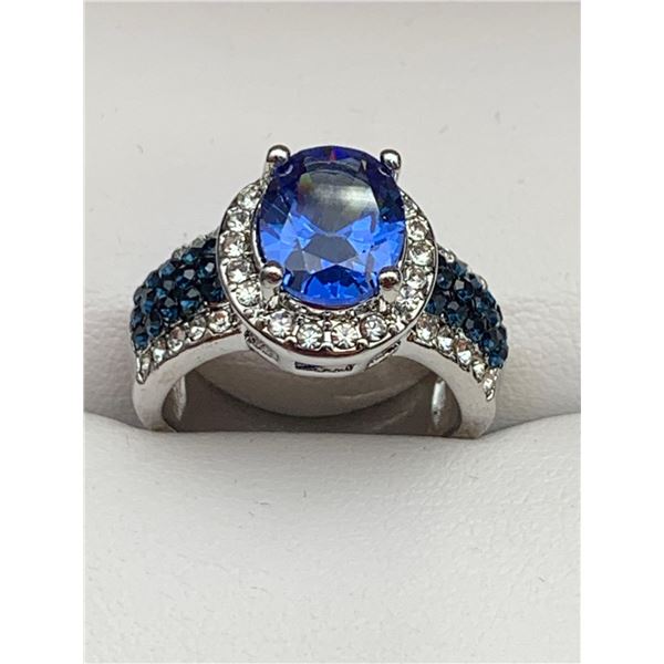 Blue Sapphire Oval Cut Solitaire with multi stone band .999 SIlver RIng NEW size 7